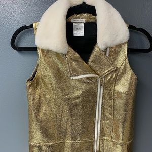 Womens Gold Metallic Vest Size 7 Full Zip Faux Fur Collar